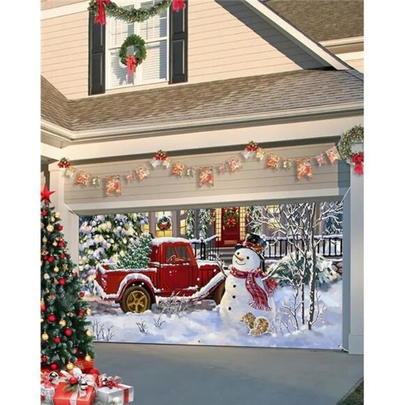 7 x 8ft Happy Snowman Red Truck Christmas Tree Christmas...